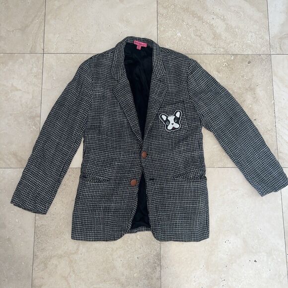 Vintage Betsey Johnson Houndstooth Fitted Boston Terrier Dog Blazer Size 6 - Picture 1 of 7